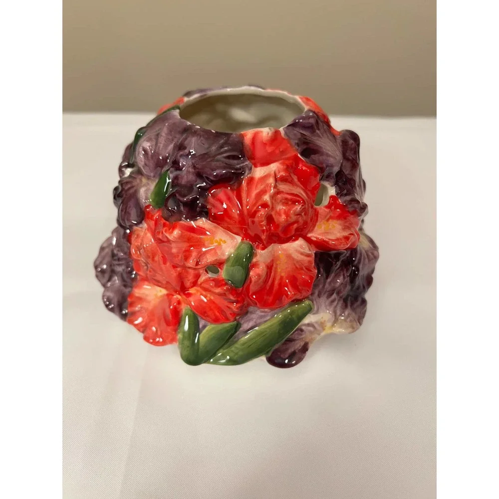 Home Interior Candle Shade Floral Iris Purple Red‎ & Green Jar Topper23